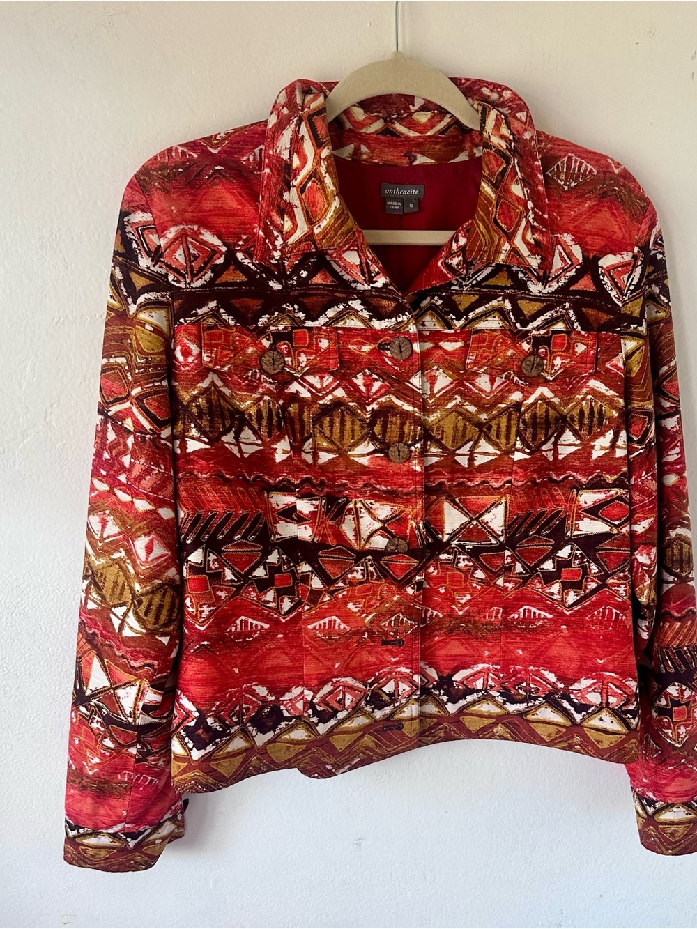Anthracite by Muse silk Rust and Brown Southwest Patterned Button-Front Jacket